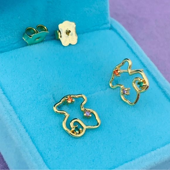 Tous Gold Wired Spanish Bear With Mini 3-Color Gems Pin Studs Earrings - Picture 5 of 13